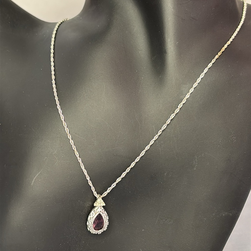 Avon Pear Shaped Lighter Purple Stone Necklace With Clear Rhinestone Accents